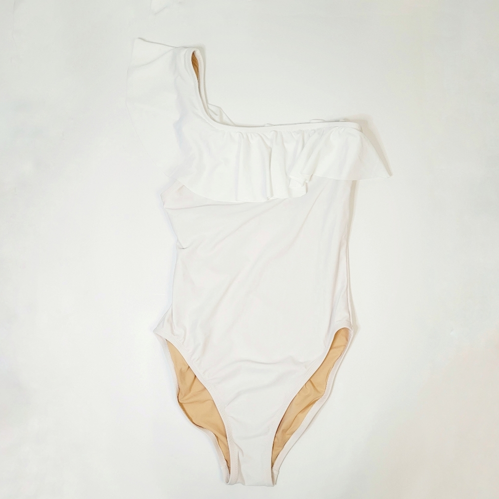 J. Crew Factory Scalloped One Shoulder Swimsuit in White